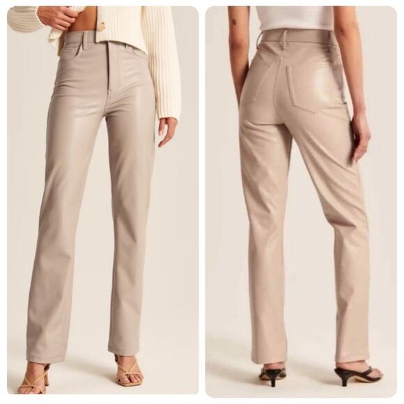Abercrombie & Fitch '90s Straight Ultra High Rise Vegan Leather Pants | Tan | 6L